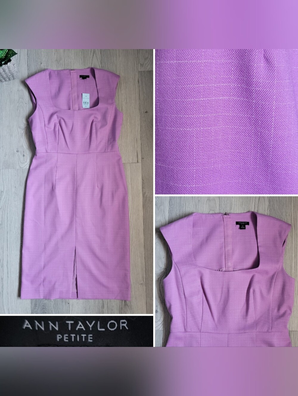 Ann Taylor Petite Purple Begonia Windowpane Scoop Square Neck Sheath Dress, 00P